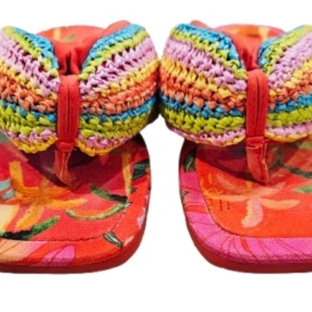 Farm Rio Tropical Colorful Crochet Puffy Flip Flop Sandals - Shoe Bag - 8 - Picture 4 of 10